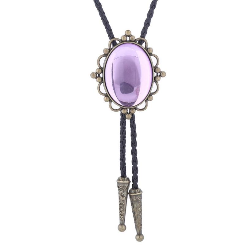 Handmade Vintage Jewelry Bolo Tie for Women Men Western Cowboy Artificial Leather Rope Necktie with Oval Stone Pendant