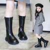 Winter Mädchen Stiefel Schwarz PU Leder Plateau Plüsch Trendige Kinderstiefel Reißverschluss Knielang Hübsch Stilvoll Kinderschuhe