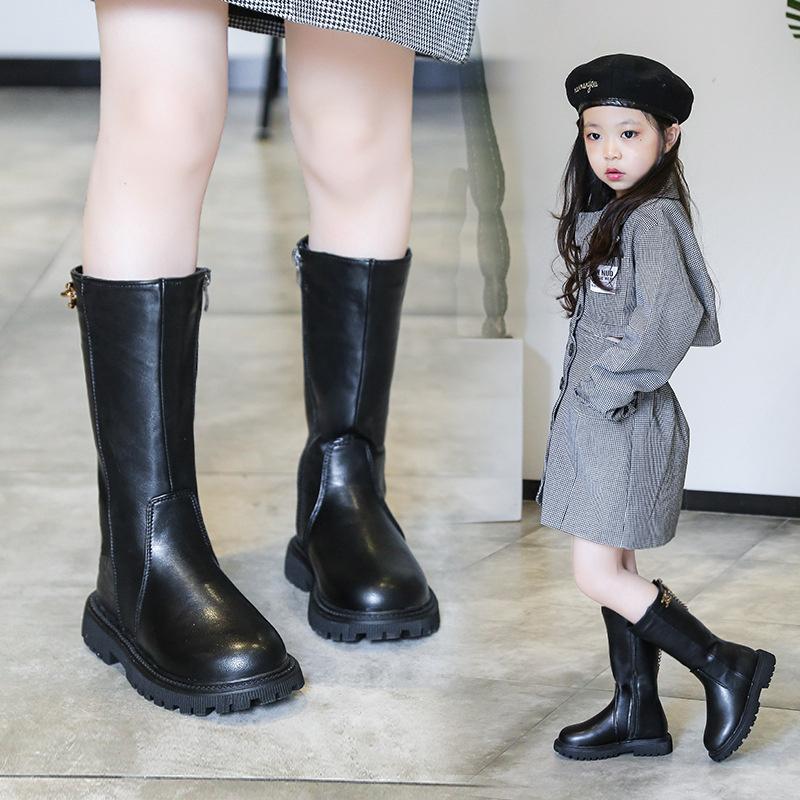 Winter Mädchen Stiefel Schwarz PU Leder Plateau Plüsch Trendige Kinderstiefel Reißverschluss Knielang Hübsch Stilvoll Kinderschuhe