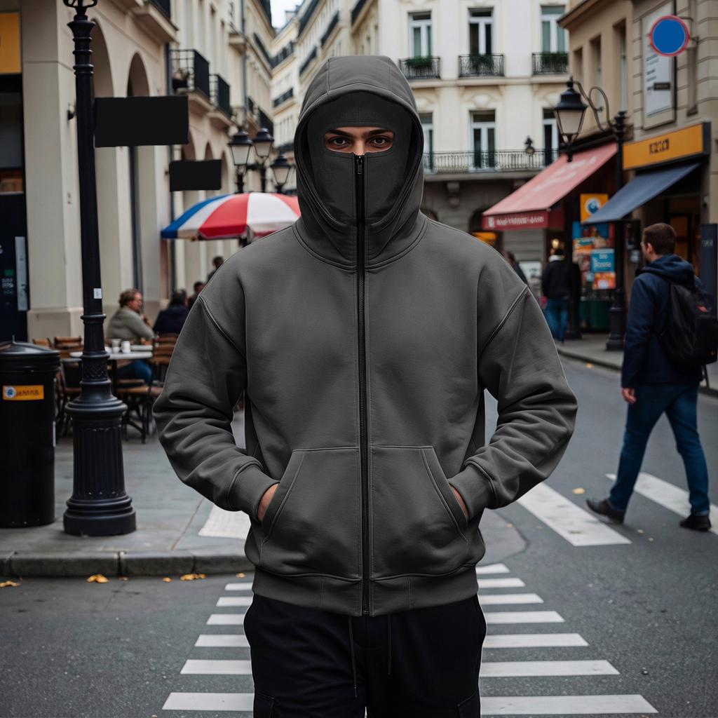 Men's Gothic Double Hooded Zip-Up Hoodie Loose Fit Trendy Streetwear