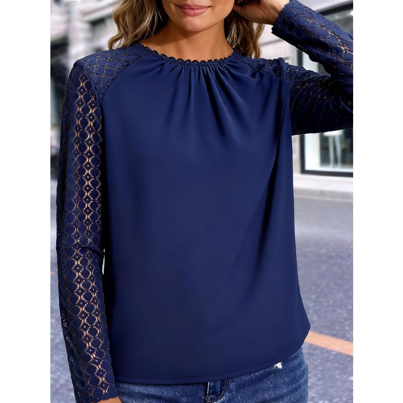 

Women s Elegant Lace Patchwork Blouse Ruched Crew Neck Long Sleeve Satin-like Casual Commuter Top S