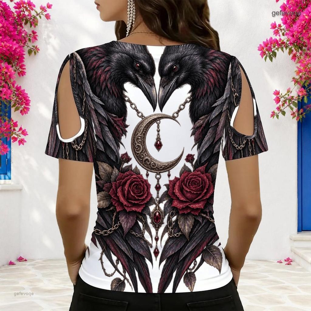 Women Plus Size V Neck Cold Shoulder Short Sleeve Burgundy White Masquerade Mask Print Top