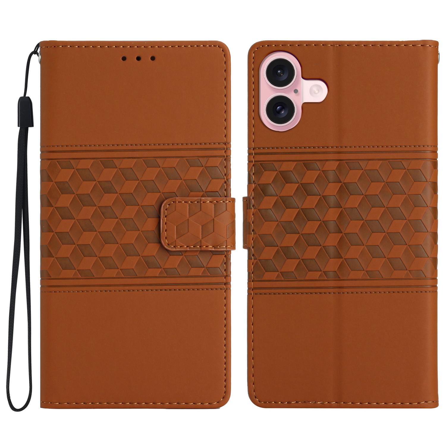 

For iPhone 16 Plus Case Rhombus Leather Horizontal Flip Phone Cover Brown