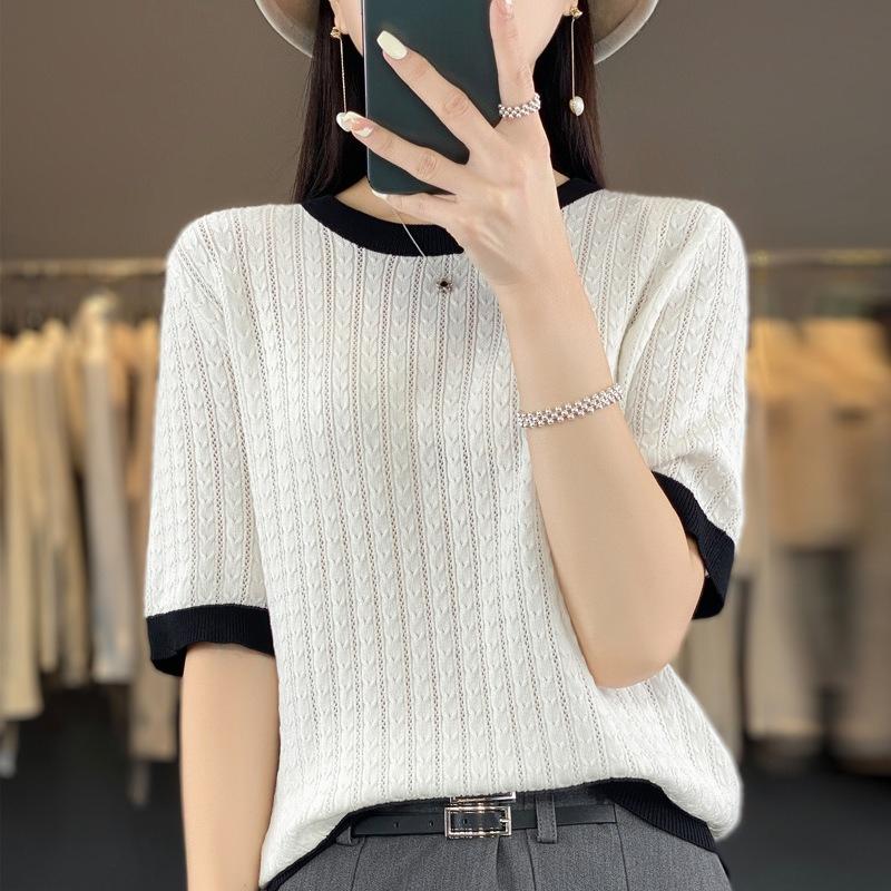 

Летняя женская футболка из ледяного шелка, контрастная вязаная футболка с коротким рукавом, рукав пять четвертей, ажурный легкий топ, футболка с круглым вырезом M