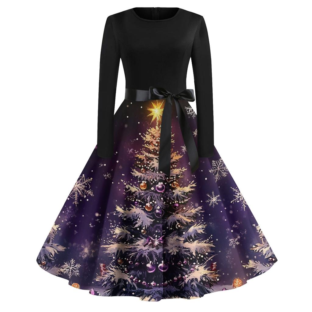 Robes de soirée imprimées de Noël à manches longues et col rond pour femmes
