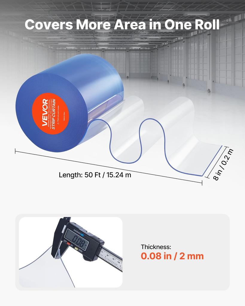 Streifenvorhang PVC Türvorhang 50' x 8" Rolle Kühlraum Gefrierraum Klarer Kunststoff