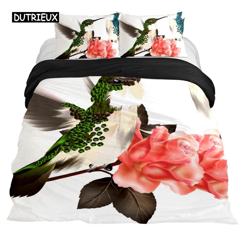 Hummingbirds Bedspread Cover Kit Tropical Flowers Nature Blooms Bed Cover Kit Tropical Birds Theme Queen Dimension Size 2/3 Pcs Comforter Cover