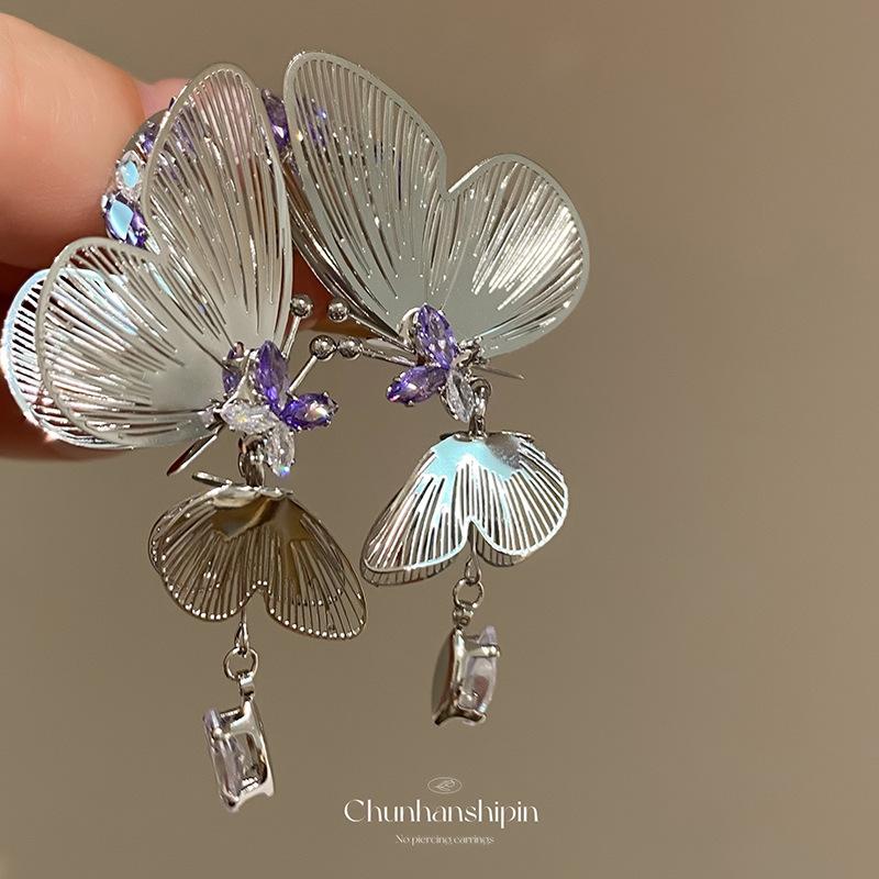 Fairy purple flash zirconium hollow butterfly stud earrings female unique earrings metal mosquito coil disc ear clips temperament no ear piercings