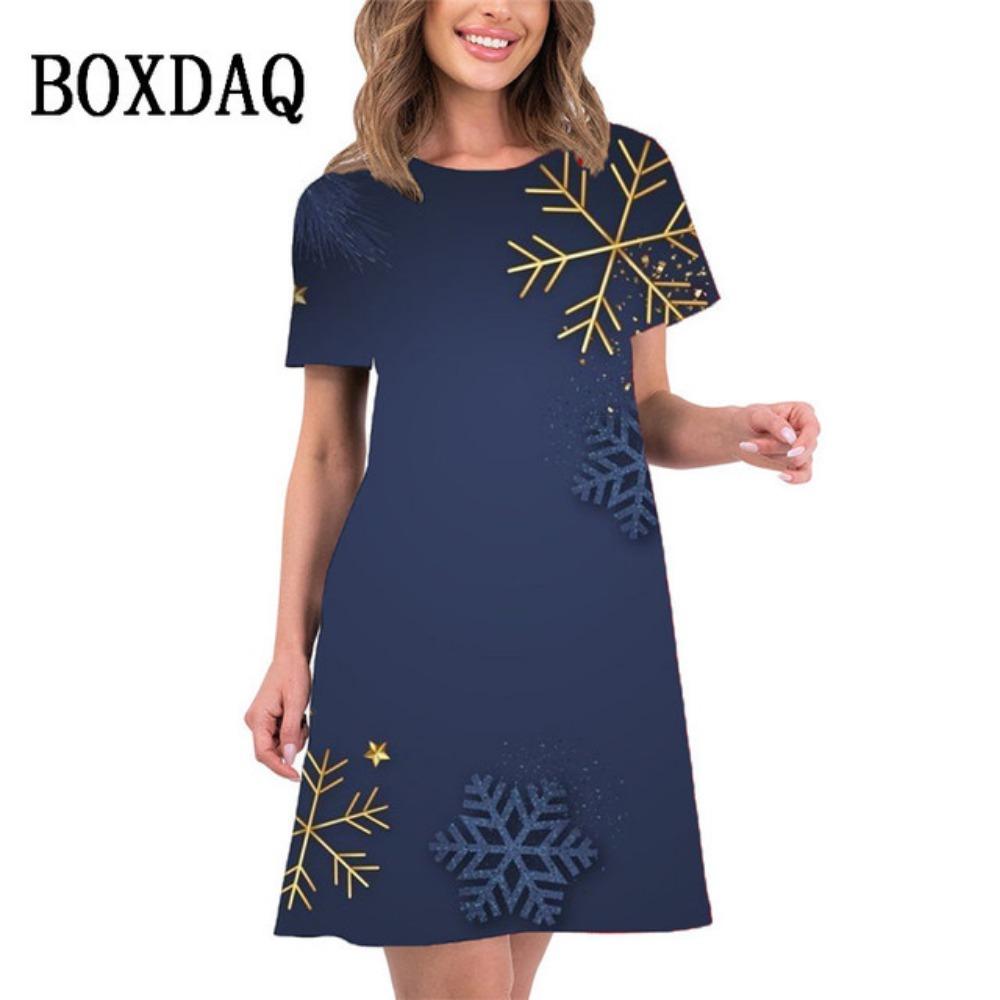 2026 new summer women's elegant christmas tree print mini dress short-sleeved loose casual beach sweet dress