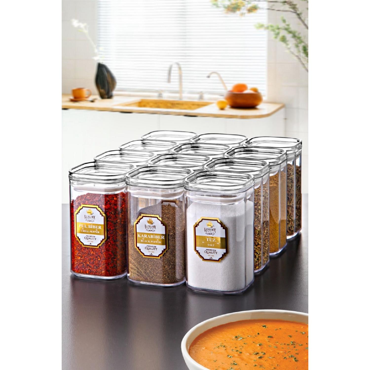 

Акриловый вакуумный квадратный набор специй с золотой маркировкой, 12 предметов, 250 мл — герметичный набор специй