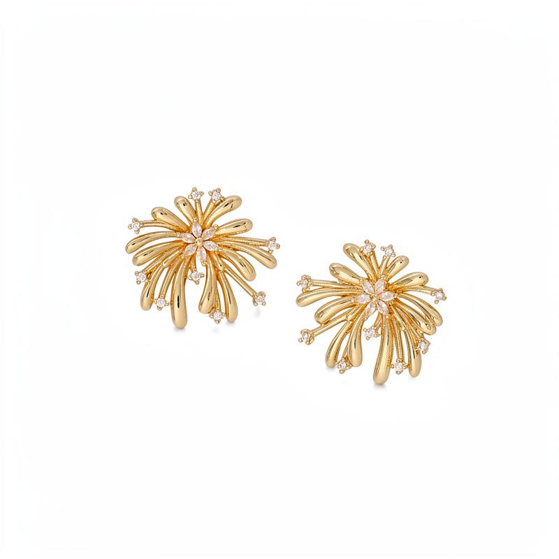 Silver Needle Zirconia Enamel Flower Firework Stud Earrings - Elegant, High-End Niche Jewelry.