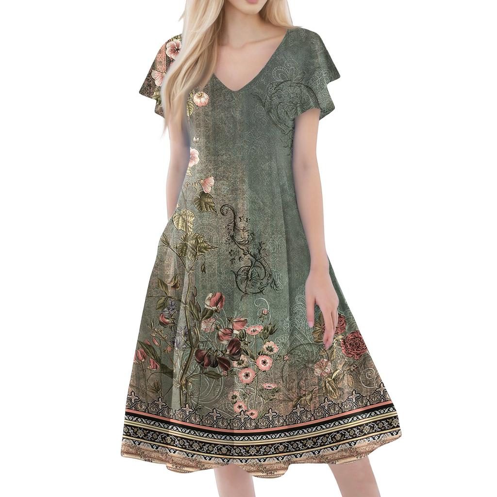 Women's Casual Fashion V-neck Short Sleeve Print Dress With Pockets