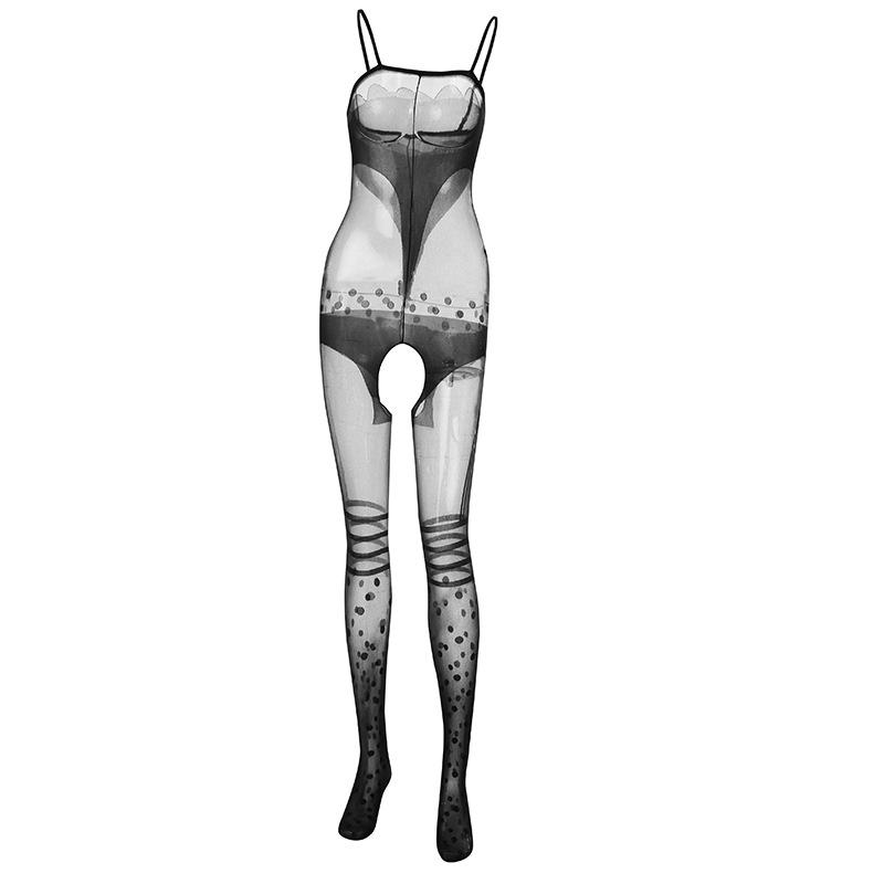 Seductive Fishnet Open-Crotch Suspender Bodysuit - Tempting Full-Body Hollow Design Stockings.