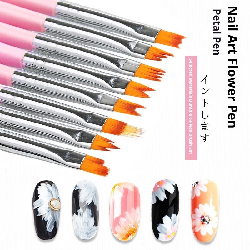 8 Pcs Oblique Gradient Smudge Nail Flower Drawing Sawtooth Pen Multifunctional Mix Shape Petal Painting Gel Nail Art Brush