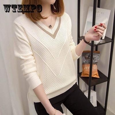 Women Black Slim V-neck Pullover Sweater Thickened Hollow Soft Knitted Bottoming Shirt Coat