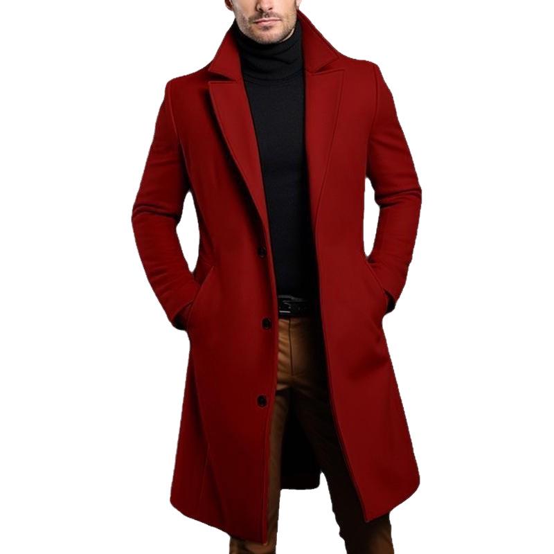 Men's Mid-Length Solid Color Woolen Coat - Warm Autumn/Winter Jacket