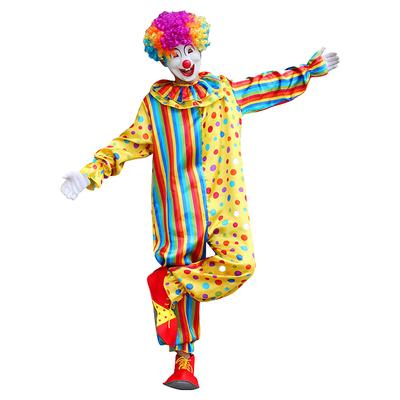 Regenbogen Clown Jumpsuit für Erwachsene mit einem hellen, farbenfrohen Muster. Lustiges Clown Kostümset für Körpergröße 165-185cm