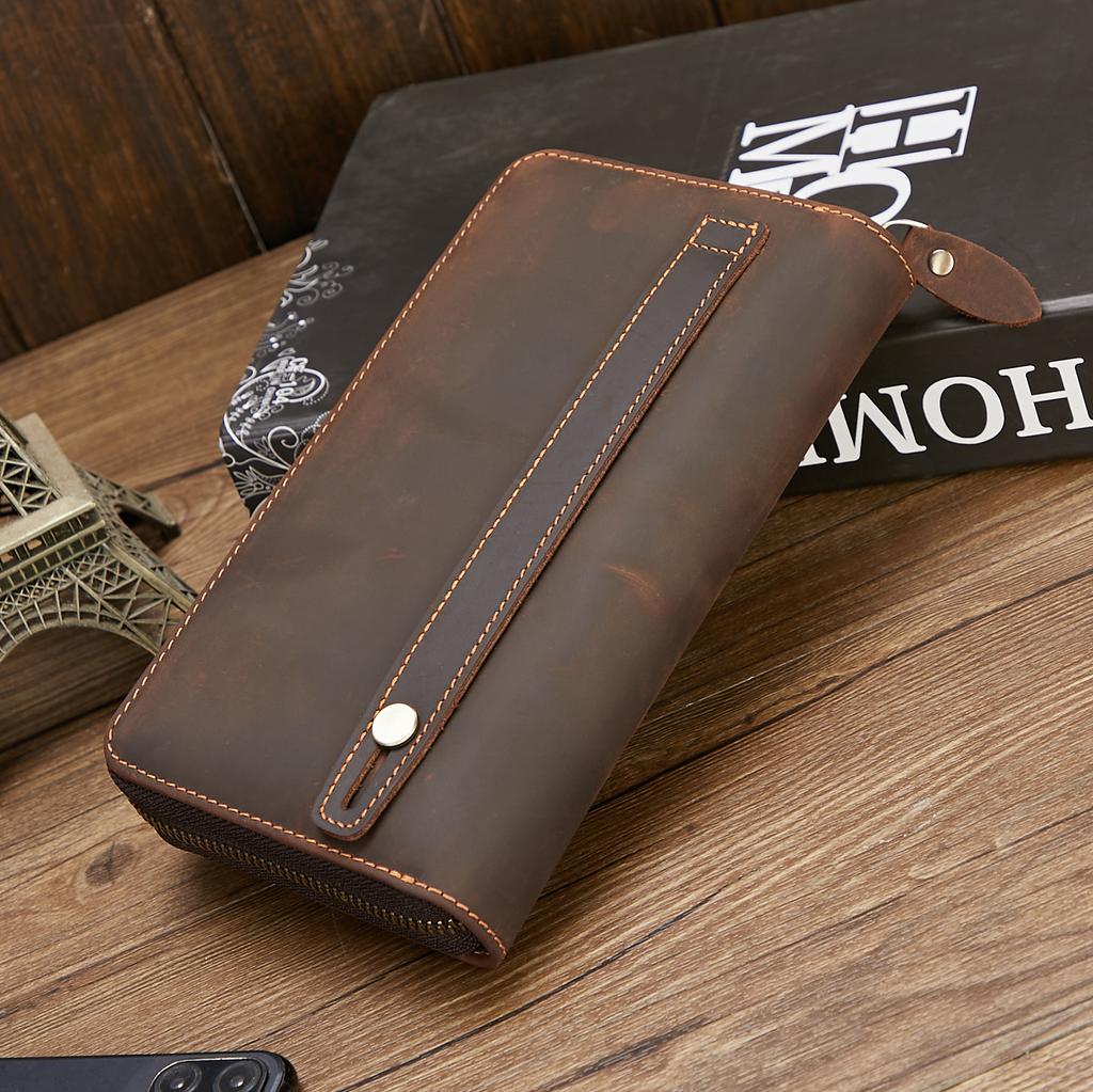 Men Genuine Crazy Horse Leather Long Wallet Vintage Zippered Phone Pocket Multi Compartment High Capacity Organizer Clutch Bag