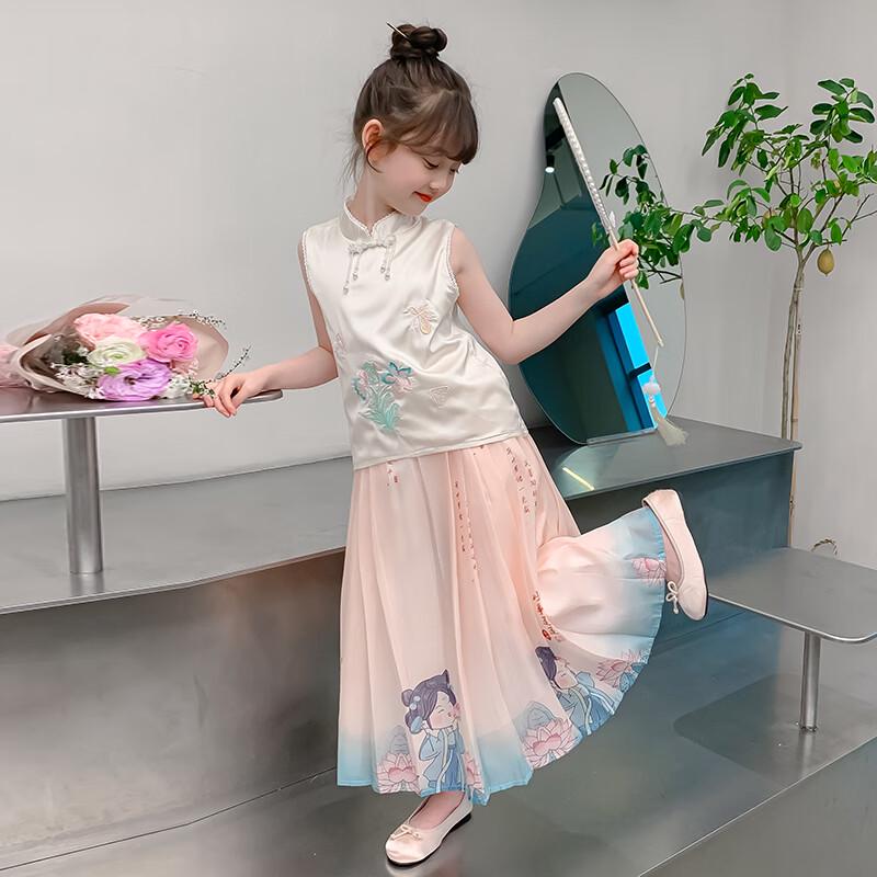 Girls' Summer Floral New Chinese Style Skirt Set