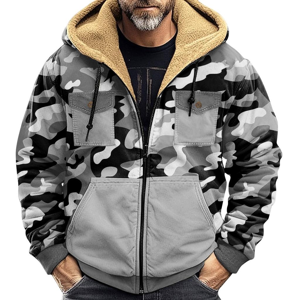Herren Winterjacke mit Camouflage-Print Herren Casual Trend Reißverschluss Kapuzenjacke