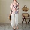 Summer Women T Shirts Floral Print Linen Shirt Plus Size Loose Casual Tops Elegant Sleeve Patchwork Tees 91688