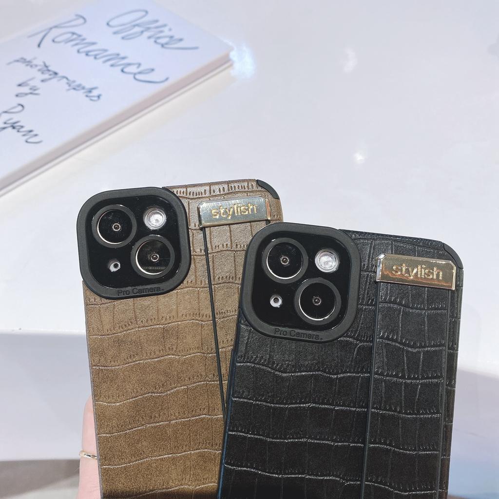 For iPhone 14 Plus Case Crocodile Texture Leather+TPU Phone Cover with Wristband Kickstand