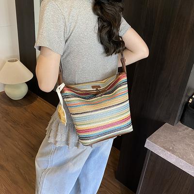 Design Sense Bag Women's Summer Contrasting Color Striped Woven Bag Large Capacity Leisure Vacation Bucket Bag