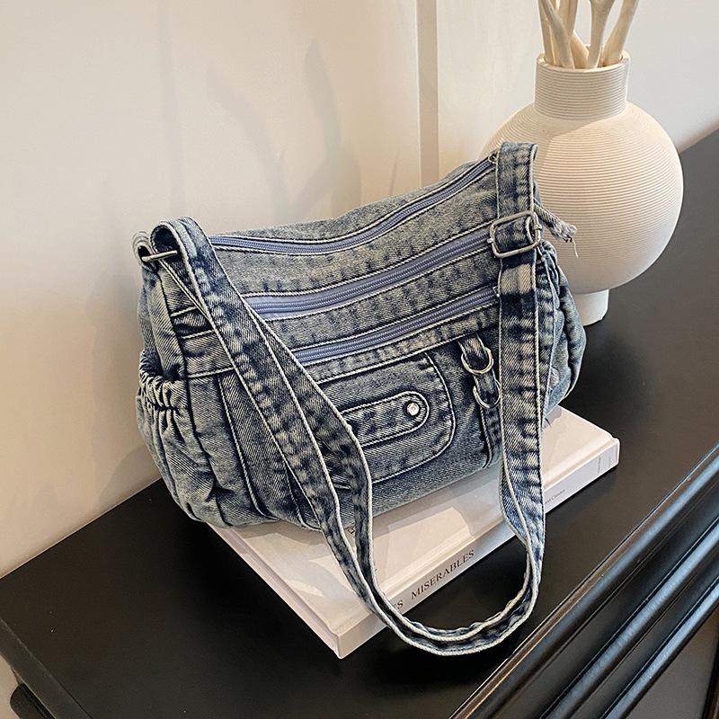 Vintage Washed Denim Bag Multi-pocket Commuter Practical Shoulder Messenger Bag Tote Bag 2025 New Bag