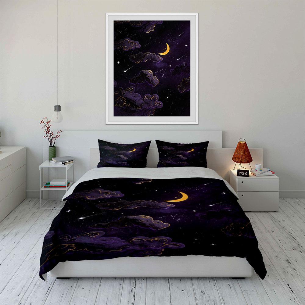 Golden moon, clouds, stars. Bedding sets Duvet cover sets Duvet covers Pillowcases(1 * Duvet Cover 2 * Pillowcases, without duvet insert)