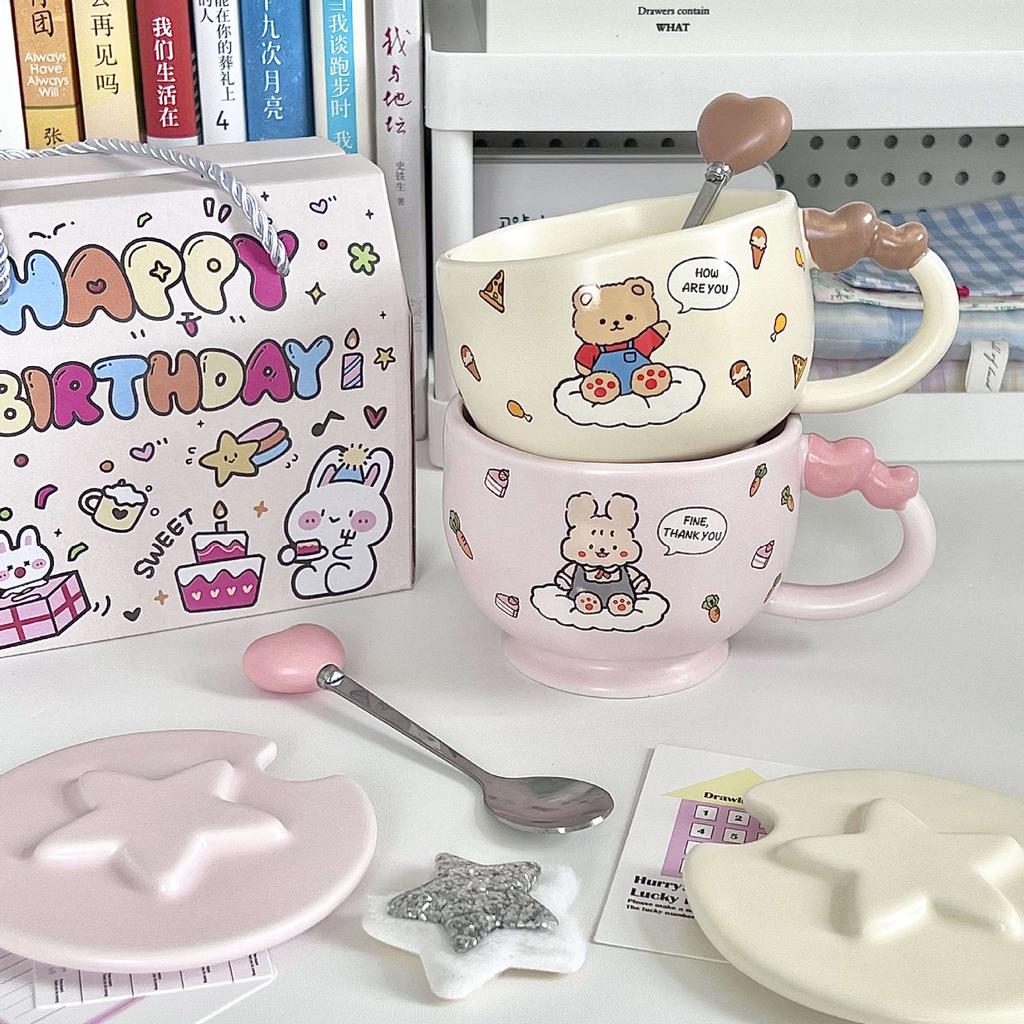 Kubek z mlecznym fufu z uroczym misiem z pokrywką i łyżeczką dla dziewczyn, wysokiej jakości ceramiczny kubek z króliczkiem, kubek na kawę/mleko dla pary