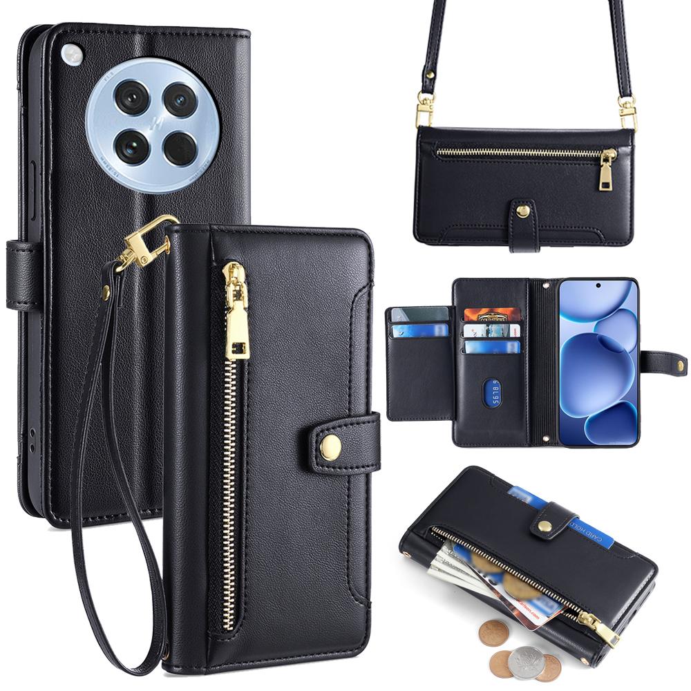 For Oppo Find X8s 5G Leather Case Zipper Pocket Wallet Phone Cover with 2 Straps