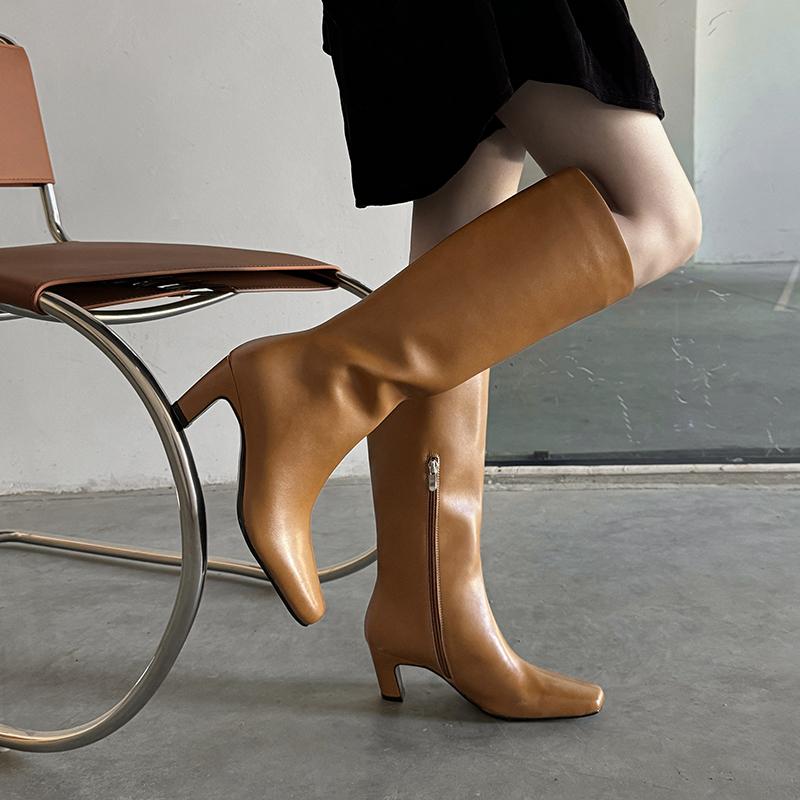 Fashion 2025 New Square Toe Women Boots High Heels Knee-high Boots Split Leather Fashion Party Ladies Shoes Female Women Boots