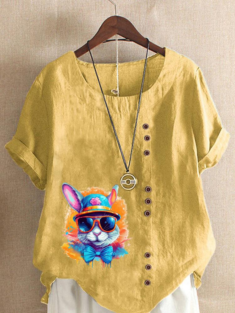 Women's Fashion Colorful Rabbit Print Shot Sleeve T-shirt Loose Cotton Shirt Casual Loose Summer Blouse Tops Plus Size