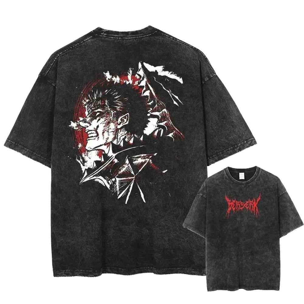 Berserk Washed Print Anime Graphic T-shirt Oversized Tee High Quality Cotton Harajuku Hip Hop Street Vintage Casual Fashion Top