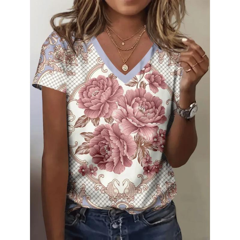 Summer Women's 3D Printed V-Neck T-Shirt Fashion Versatile Breathable Trend Casual