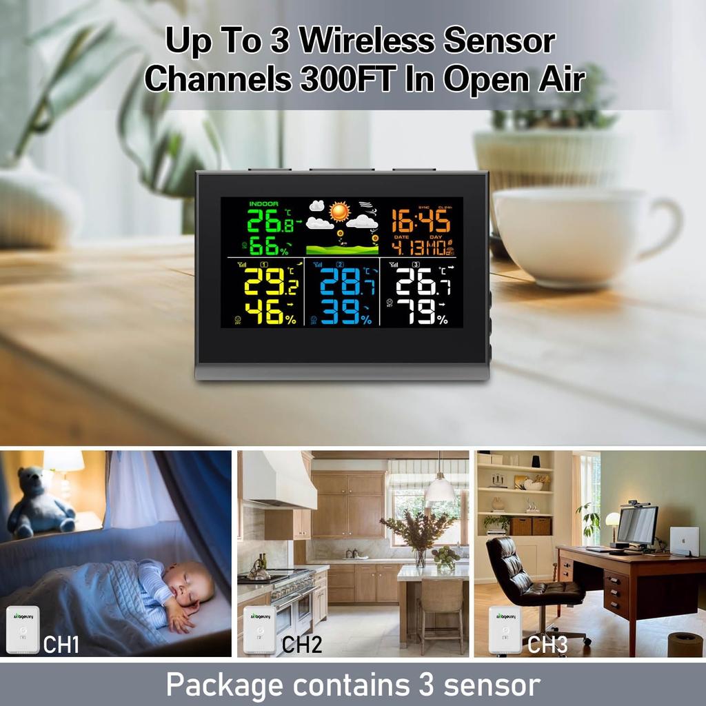 Digital Color Weather Station Clock with 3 Wireless Outdoor Sensor Indoor/Outdoor Temperature Humidity Monitor Weather Forecast