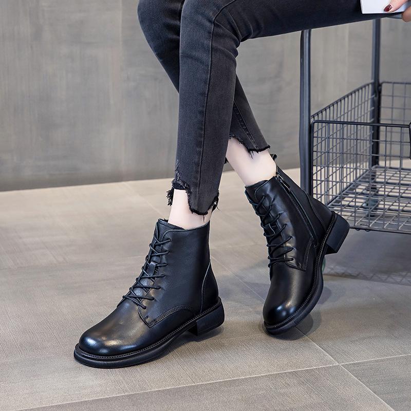 Plus Size Women's Genuine Leather Martin Boots - Flat Heel, Lace-up, Side Zipper, Cowhide, Ankle Boots, Sizes 41–43, Versatile for Autumn 2022.