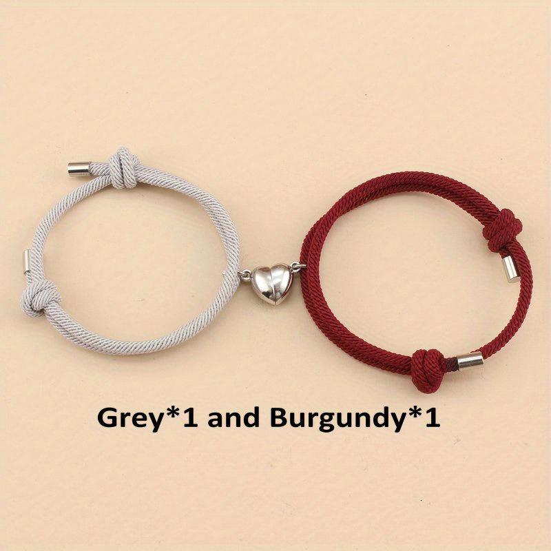 2pcs/set Magnetic Heart Charm Braided Rope Adjustable Bracelets For Couples, Holiday Birthday Gift For Boyfriends / Girlfriends