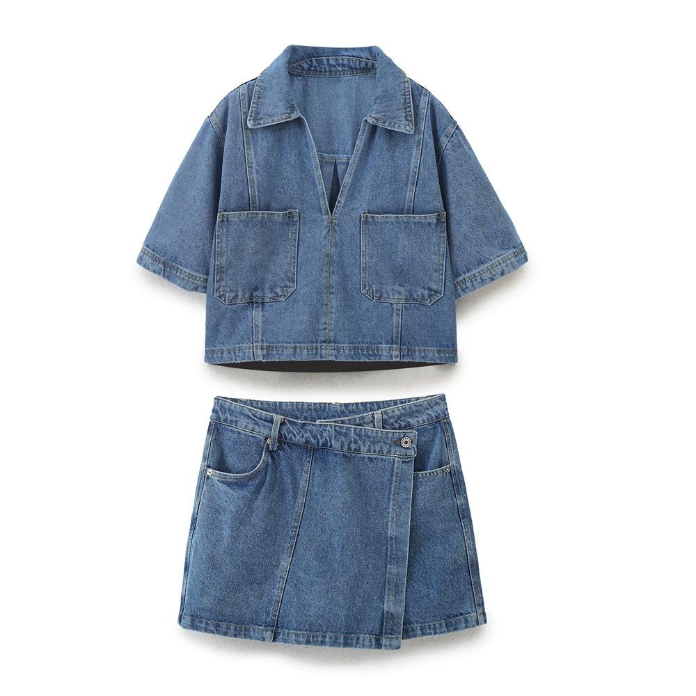 Camicia Corta in Denim Decorata con Borsa a Sfiato Retro Primaverile