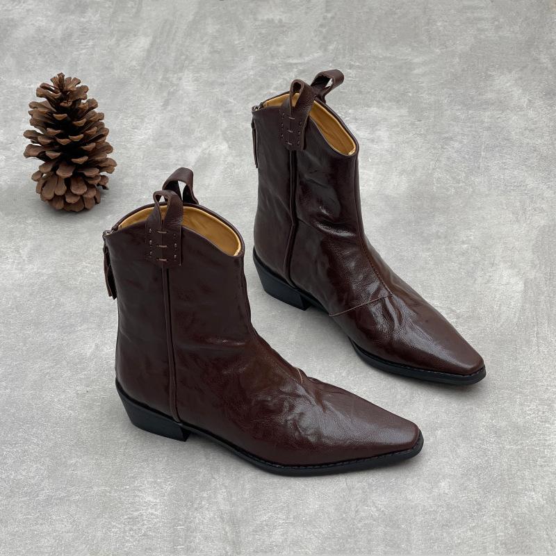Retro Genuine Leather Pointed Ankle Boots for Slimming and Thick-heeled Women's Boots and Shoes