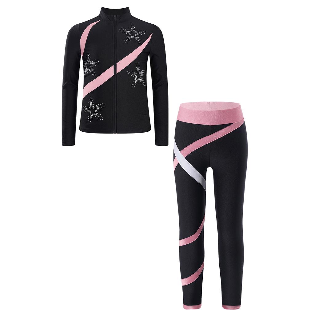 Girls Sports Set Shiny Rhinestone Star Contrast Color Long Sleeve Stand Collar Zipper Sweatshirt Colorblock Leggings