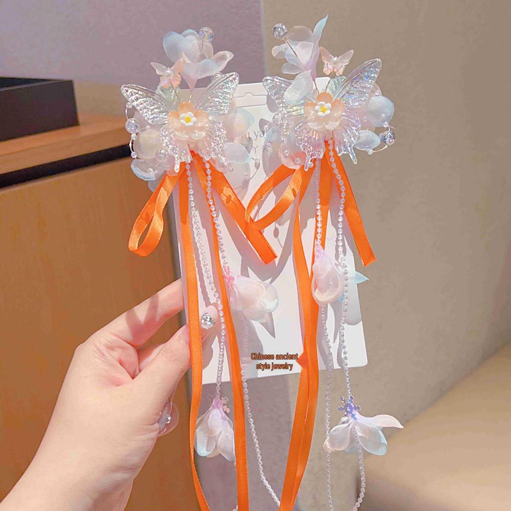 Ancient Style Hanfu Princess Butterfly Hair Clips with Long Ribbons - Children's Chinese Fairy Hair Accessories (Pair)