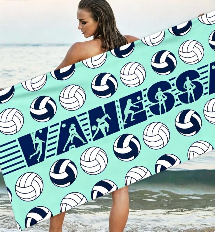 Oversized Quick Dry Personalized Beach Towel, Custom Name Sports Print Volleyball Basketball Soccer Tennis Sand-Free Towel