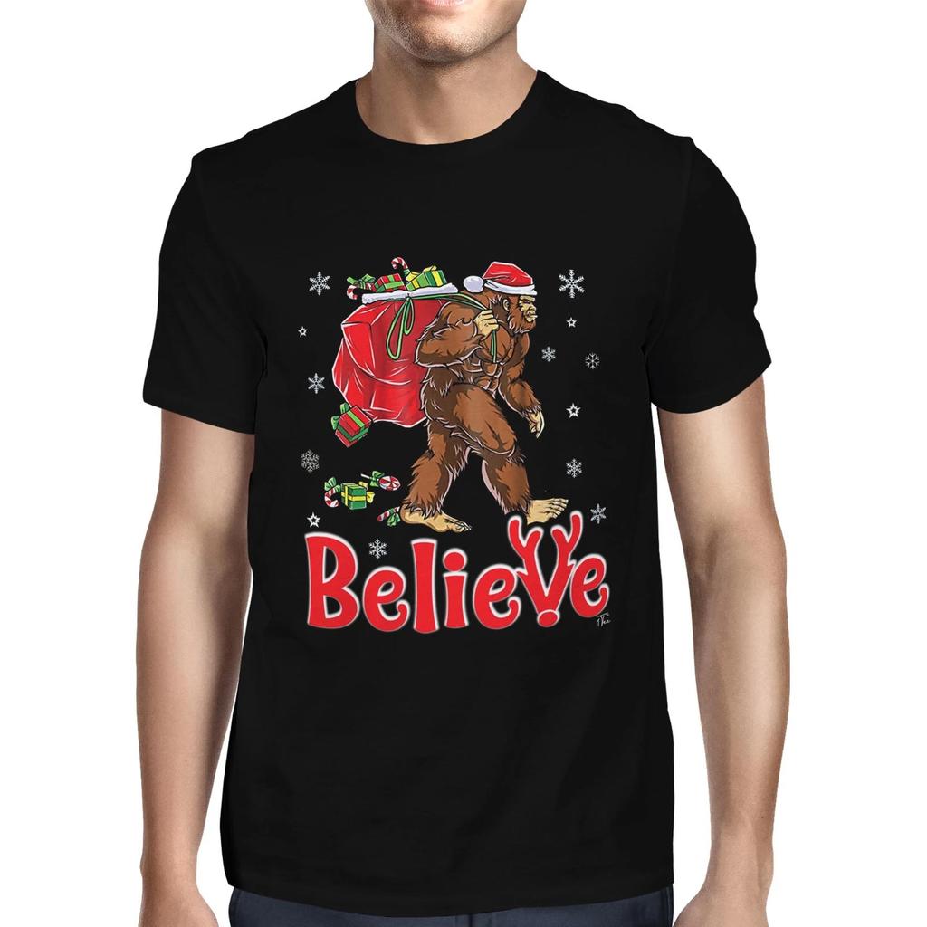 1Tee Mens Believe - Big Foot Santa with Sack of Presents T-Shirt