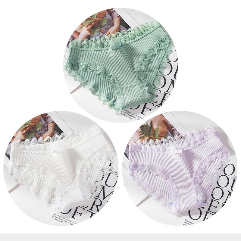 Cotton Panties Woman Sexy Lace Briefs Fashion Solid Color Knickers Girls Bow Underpants Set Underwear 3 Pcs/lot