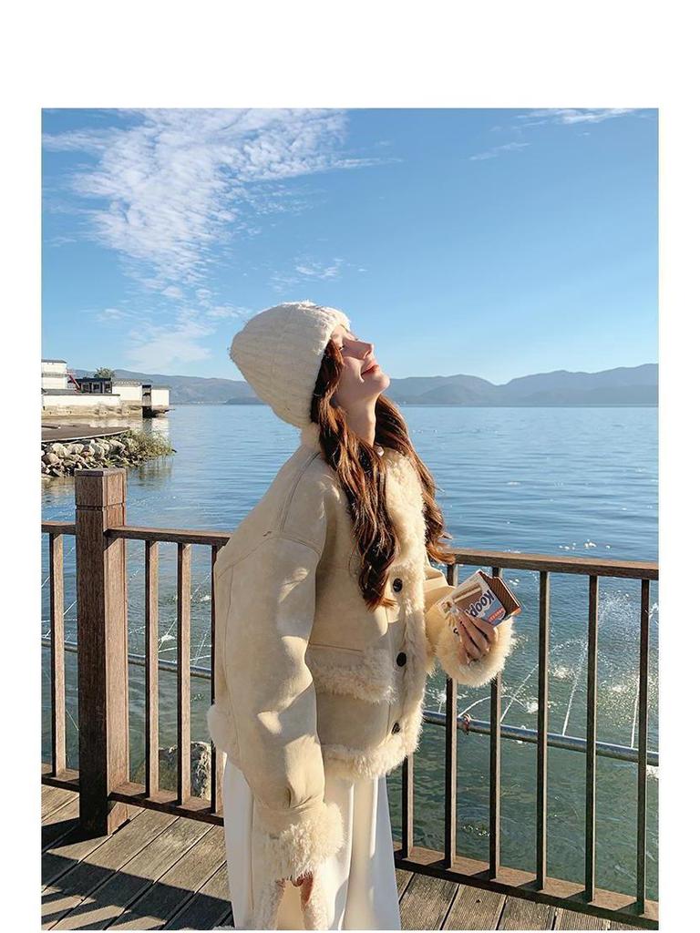 Korean Style Yellow Fur Coat: Women's Soft Petite Leather & Fur Cotton Winter Jacket
