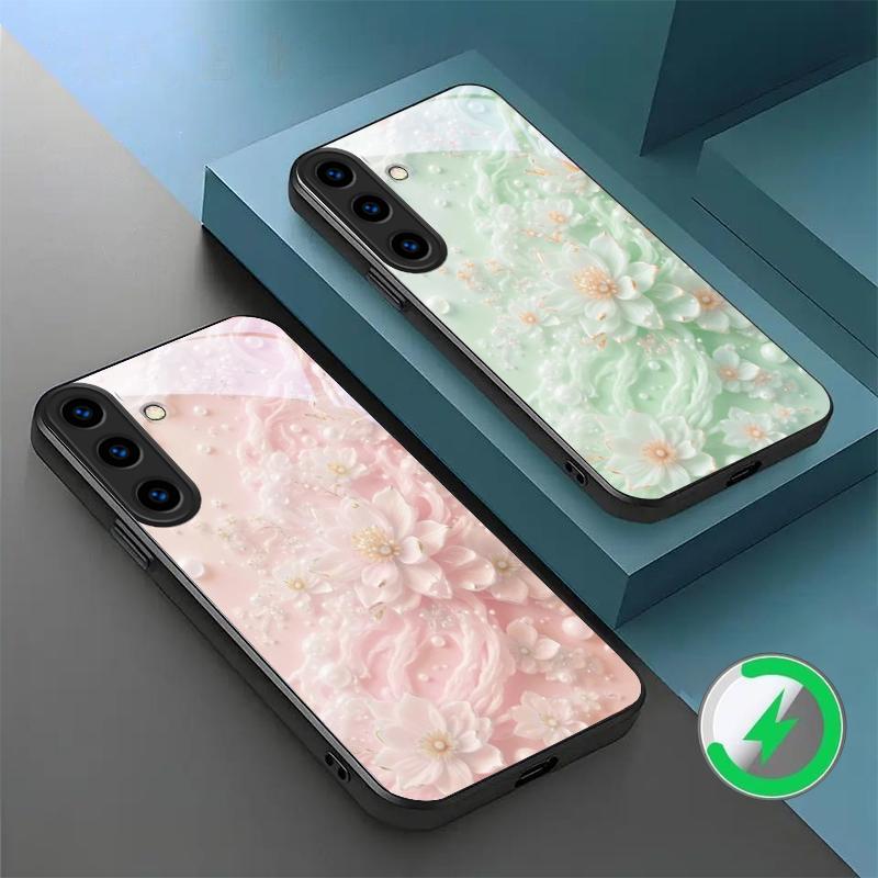 Beautiful white flowers suitable for Samsung Galaxy S26 Ultra S20 FE S21 S22+ 23 Plus S24 Ultra 25 Edge black Glass Phone Casee