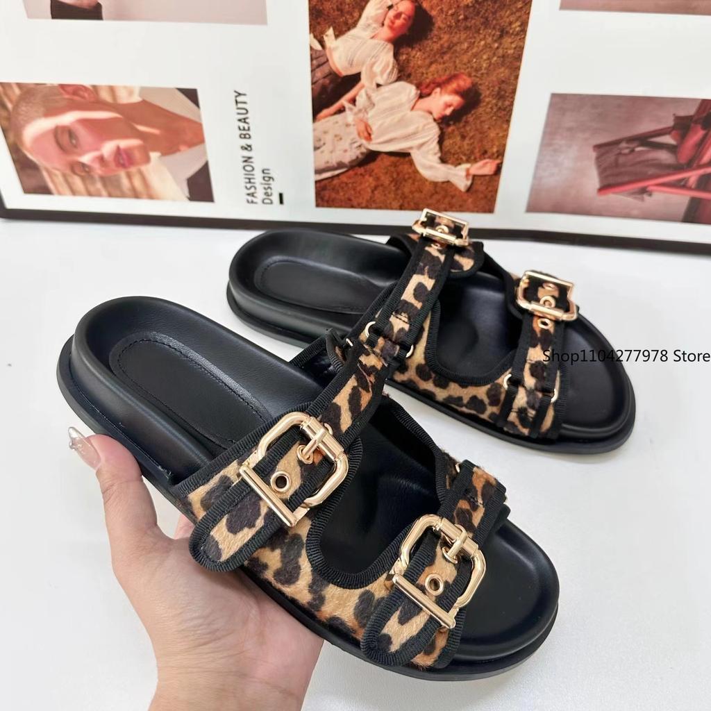 Fashion High Quality Leopard Metal Buckle Design Women Slippers Sexy Comfort Non Slip Slide Sandals Summer Platform Flip Flops Size 43