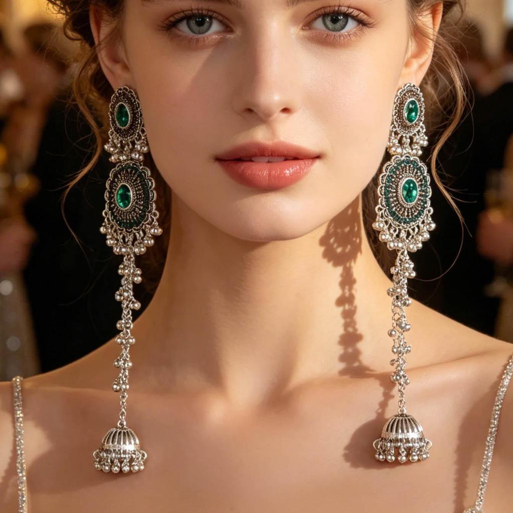 Indian Style Rhinestone Tassel Earrings with Oval Crystal