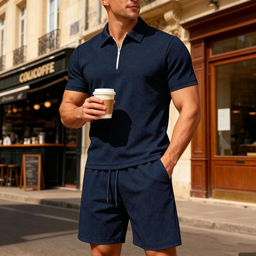 Summer Men Jacquard Textured Matching Set Half Zip Collar Polo Short Sleeve Top Drawstring Waist Shorts Golf Beach Two Piece Tracksuit